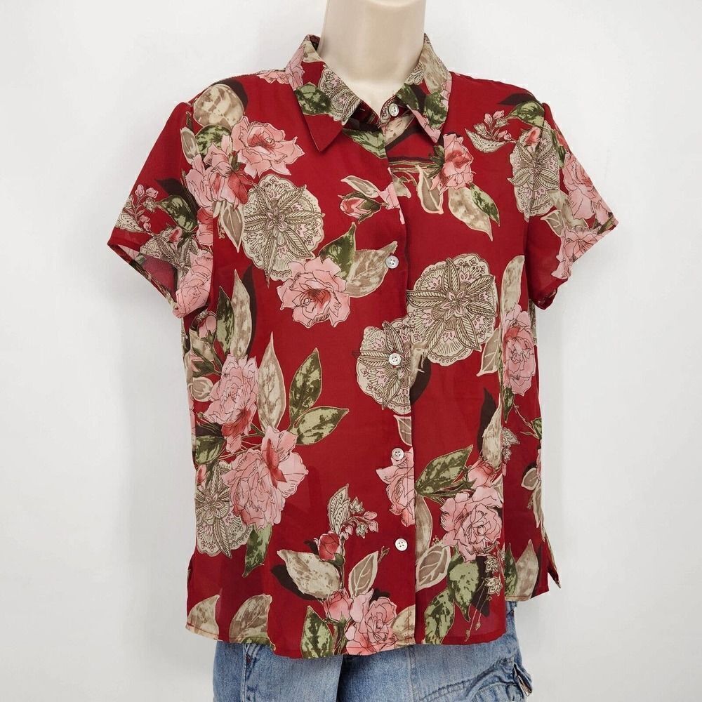 Emma James Petite Women's Button Blouse Short Sleeves Floral Chiffon